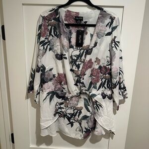 City Chic Floral Wrap Top - White and Purple